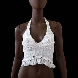 COTTON NATURAL Harmony Halter Fringe Knit Crop Top Womens 2XL White NWT